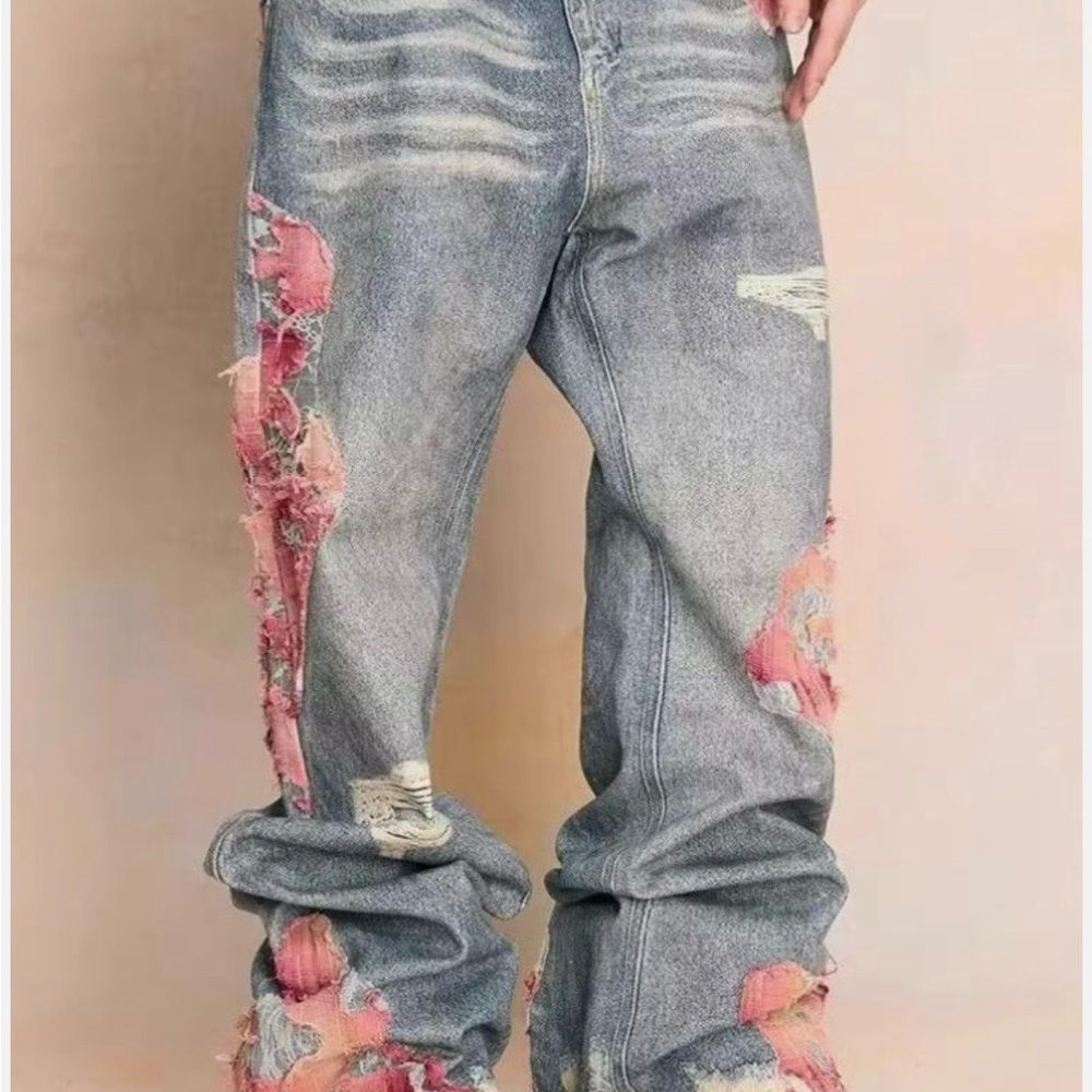 Distressed Blue and Pink Men's Jeans